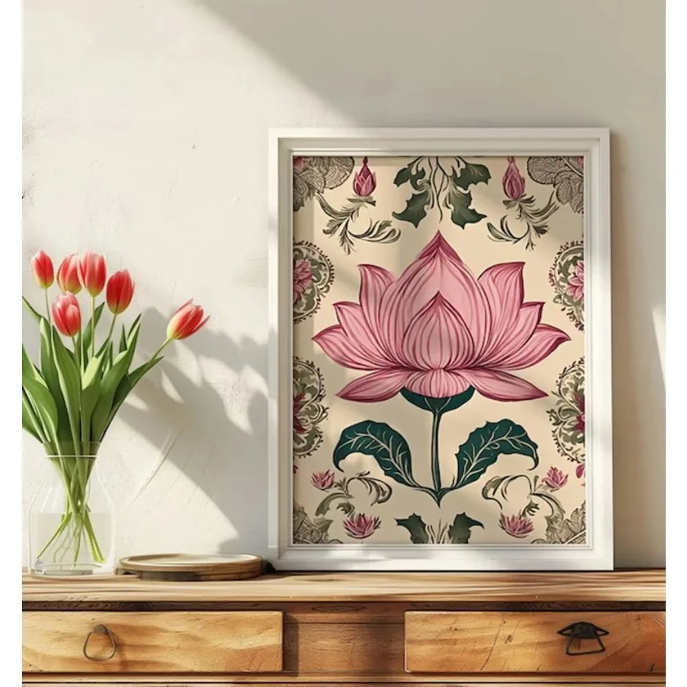Vintage Traditional Indian Lotus Flower Meditation Zen Pichwai Poster