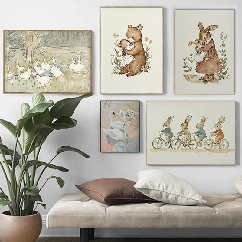 Retro Funny Animals Playing Sports Bunnies Swan Cartoon Illustration Posters