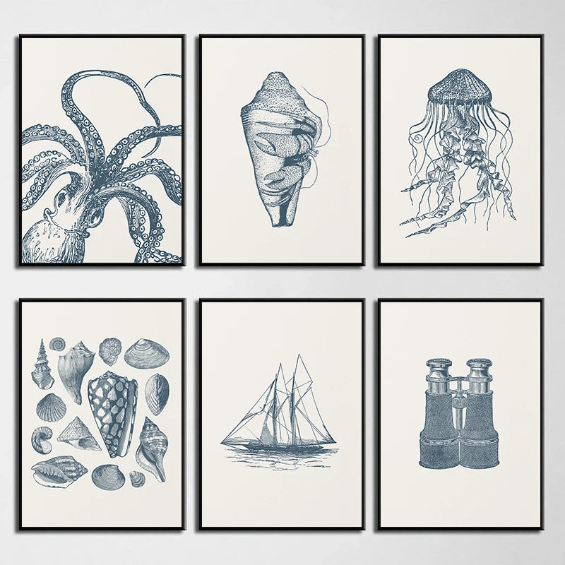 Vintage Blue Hermit Crab Octopus Sealife Poster Coastal Nautical Sailboat Wall Art Prints Canvas Painting for Beach House Decor