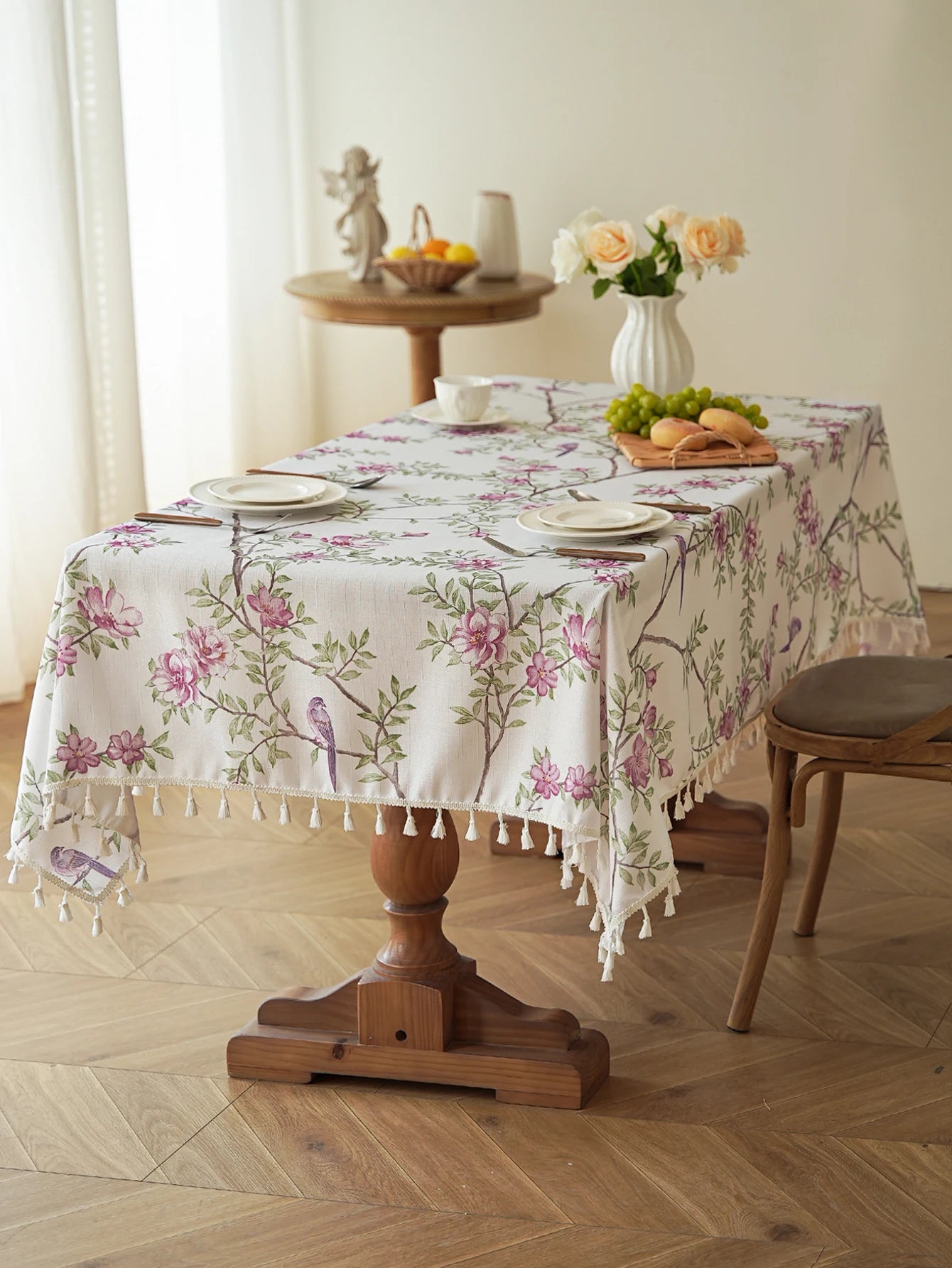 Tassel Flower Bird Printing French American Tablecloth Faux Linen Dining Table Tea Table Rectangle Cover Towel Dustproofing
